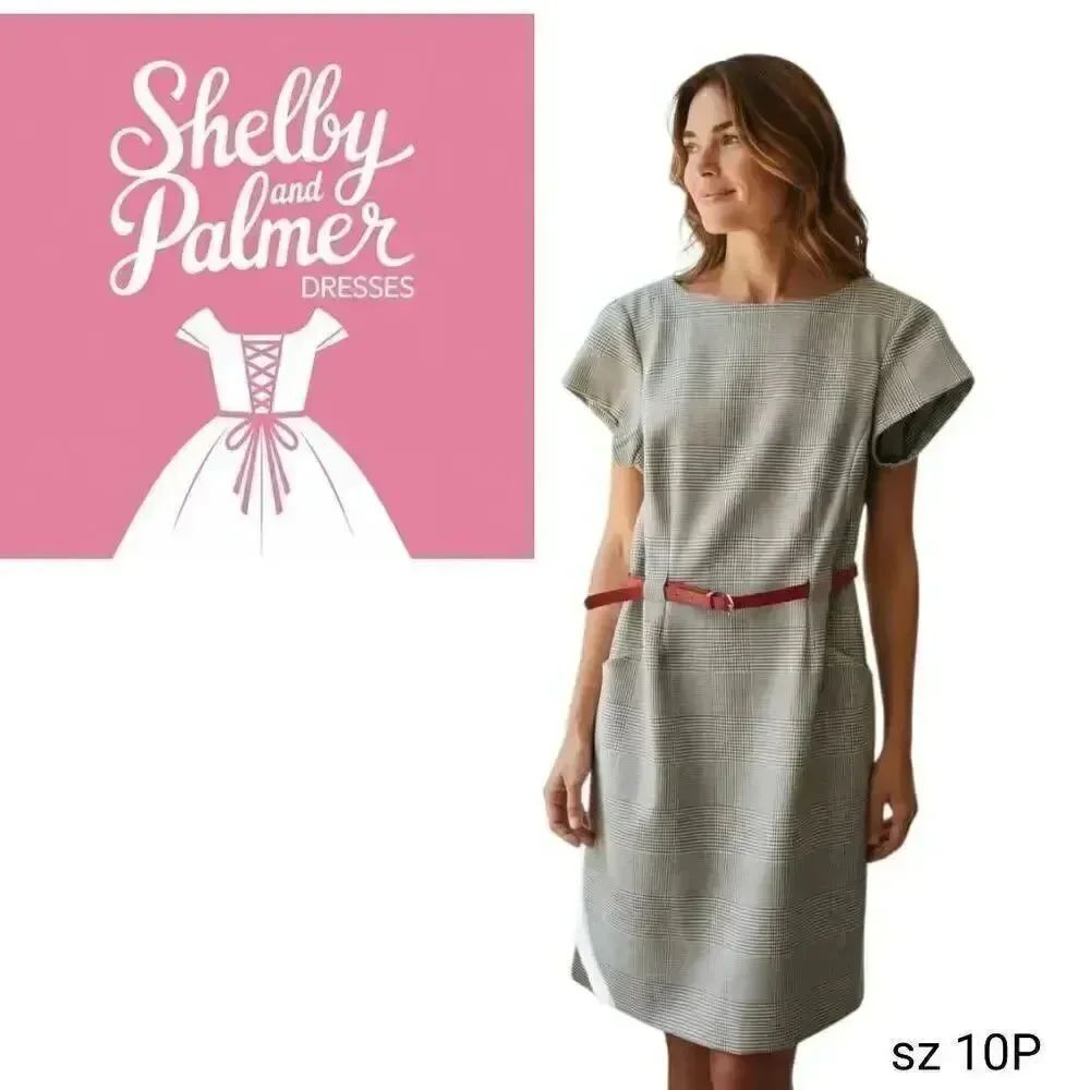 Shelby & Palmer Black & White Herringbone Checked Belted Sheath Dress w Pockets